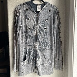 Washed Gray Lace-Up Sleeve Zip Hoodie with Graphic